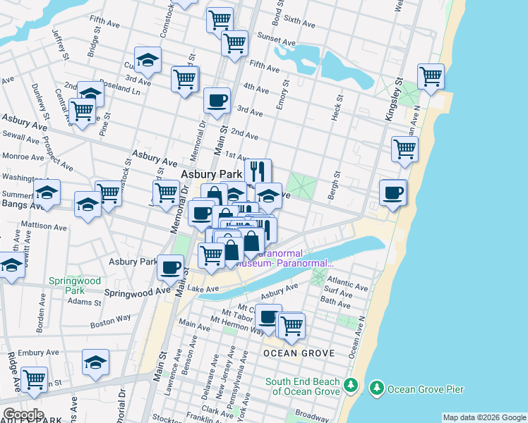 map of restaurants, bars, coffee shops, grocery stores, and more near 508 Monroe Avenue in Asbury Park