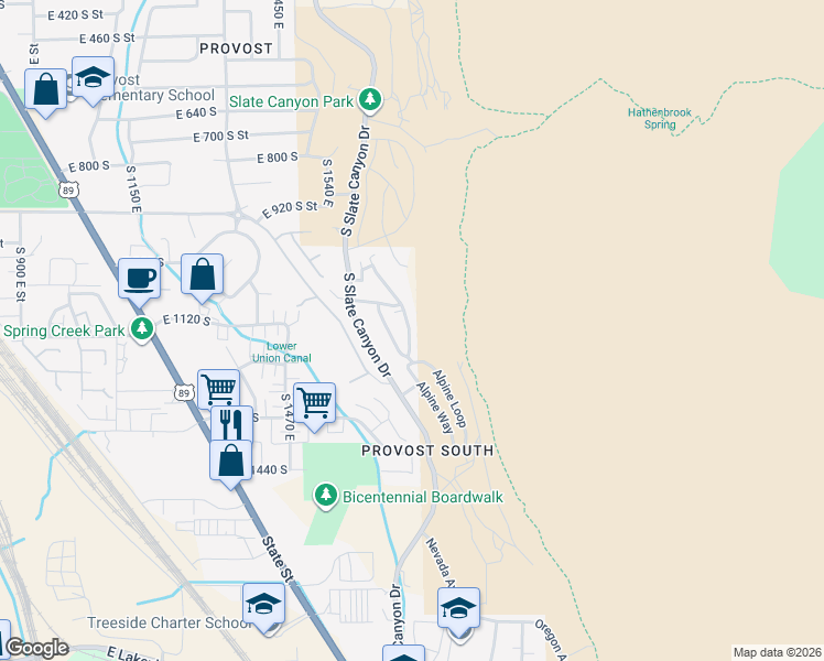 map of restaurants, bars, coffee shops, grocery stores, and more near 1197 Meadow Fork Road in Provo