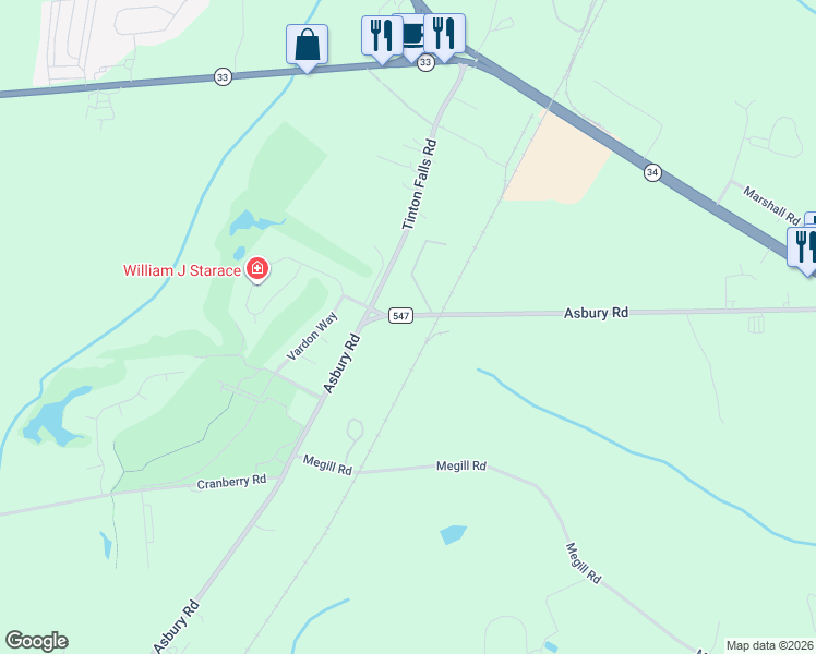 map of restaurants, bars, coffee shops, grocery stores, and more near 377 Asbury Road in Farmingdale