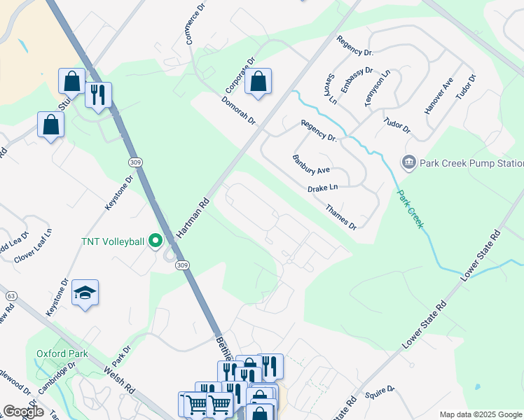 map of restaurants, bars, coffee shops, grocery stores, and more near 605 East Kennedy Road in North Wales