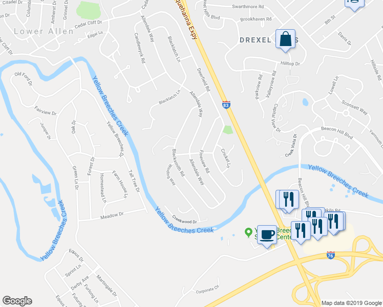 map of restaurants, bars, coffee shops, grocery stores, and more near 280 Fieldstone Road in Camp Hill