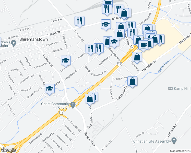 map of restaurants, bars, coffee shops, grocery stores, and more near 4063 Cherokee Avenue in Camp Hill