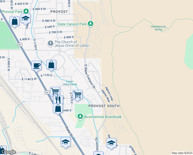 map of restaurants, bars, coffee shops, grocery stores, and more near 1145 Meadow Fork Road in Provo