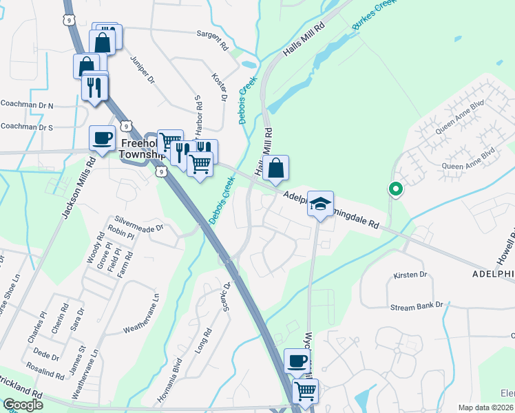 map of restaurants, bars, coffee shops, grocery stores, and more near 2508 Metedeconk Court in Freehold