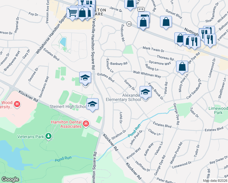 map of restaurants, bars, coffee shops, grocery stores, and more near 76 Albemarle Road in Hamilton Township