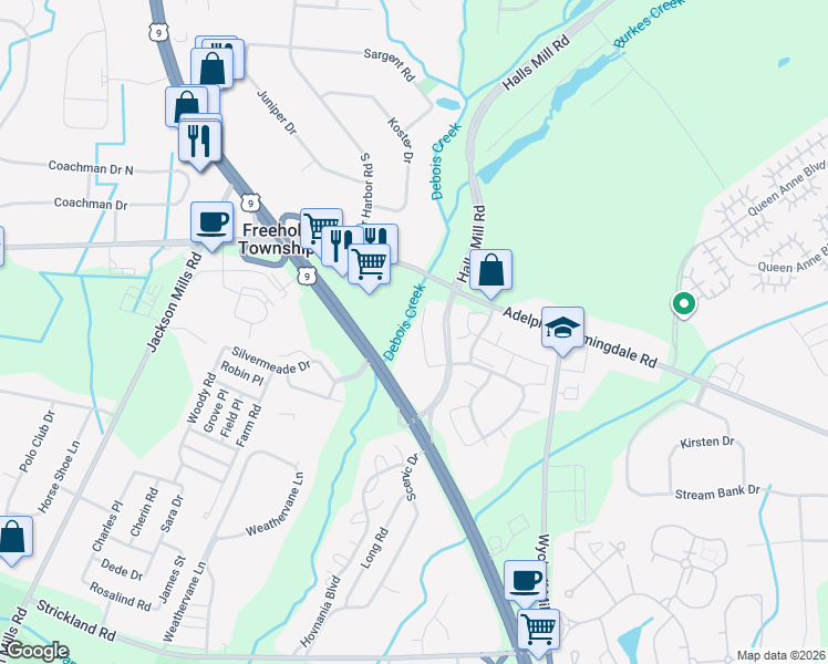 map of restaurants, bars, coffee shops, grocery stores, and more near 3306 Kapalua Court in Freehold