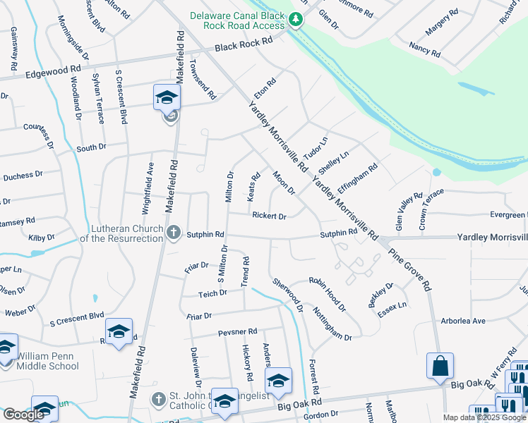 map of restaurants, bars, coffee shops, grocery stores, and more near 1 Byron Lane in Yardley