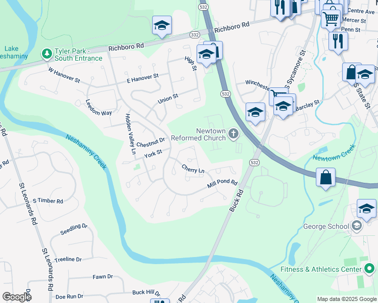 map of restaurants, bars, coffee shops, grocery stores, and more near 96 Fair Oaks Court in Newtown