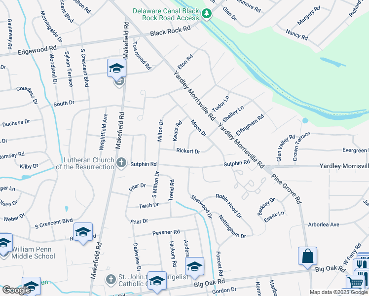 map of restaurants, bars, coffee shops, grocery stores, and more near 1 Byron Lane in Yardley