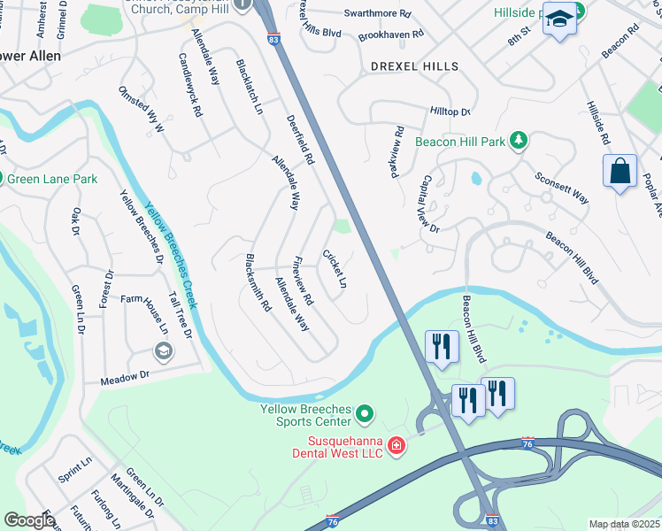 map of restaurants, bars, coffee shops, grocery stores, and more near 144 Cricket Lane in Camp Hill