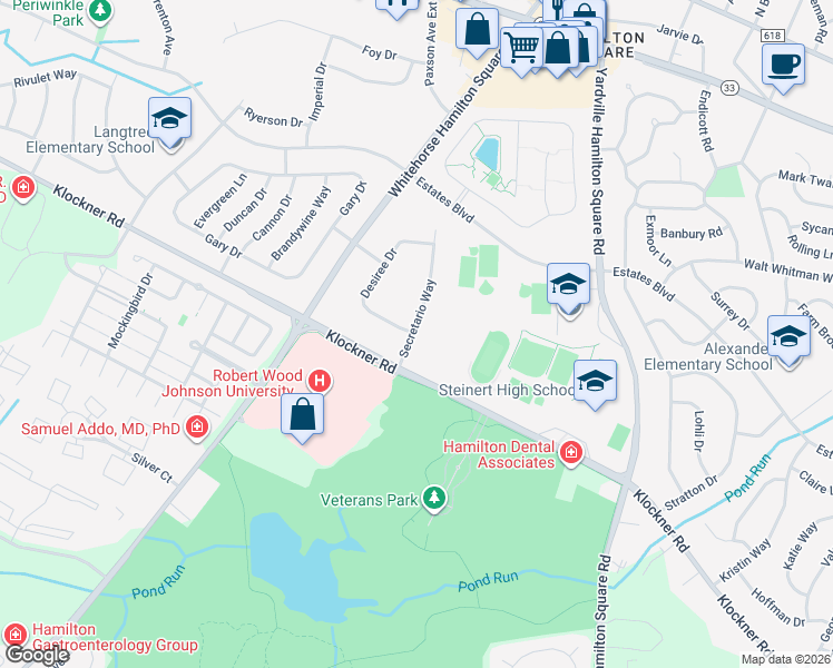 map of restaurants, bars, coffee shops, grocery stores, and more near 4 Secretario Way in Hamilton Township