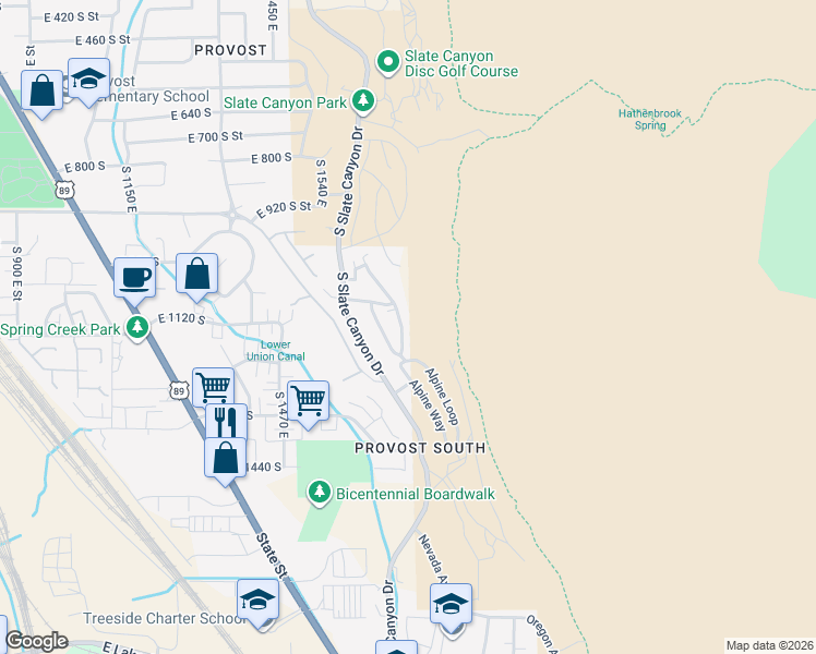 map of restaurants, bars, coffee shops, grocery stores, and more near 1197 Meadow Fork Road in Provo
