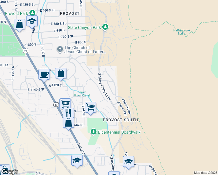 map of restaurants, bars, coffee shops, grocery stores, and more near 1197 Meadow Fork Road in Provo