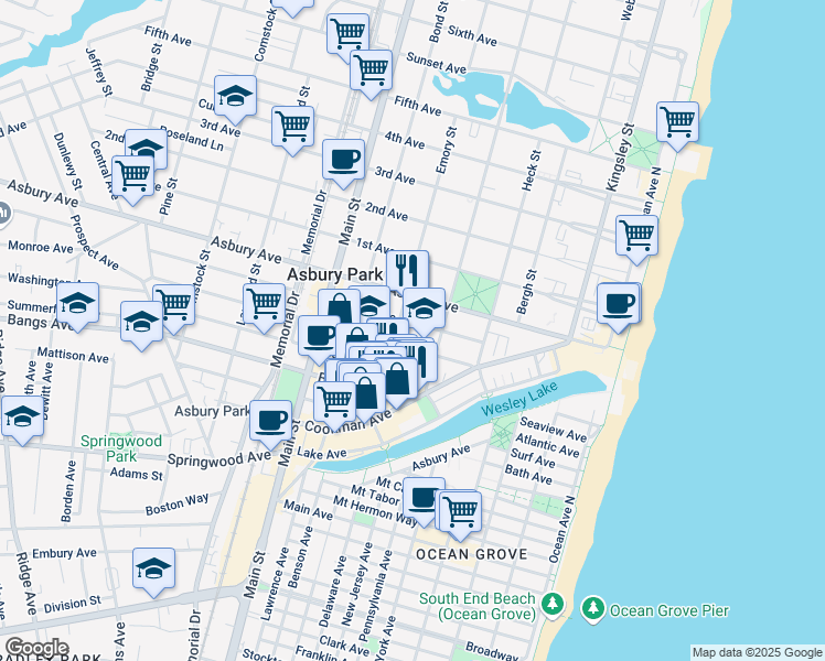 map of restaurants, bars, coffee shops, grocery stores, and more near 508 Monroe Avenue in Asbury Park