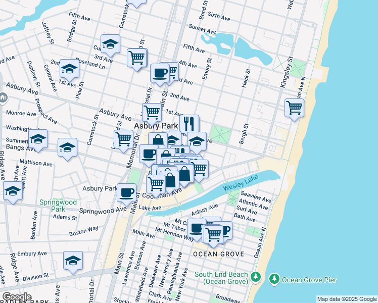 map of restaurants, bars, coffee shops, grocery stores, and more near 508 Monroe Avenue in Asbury Park