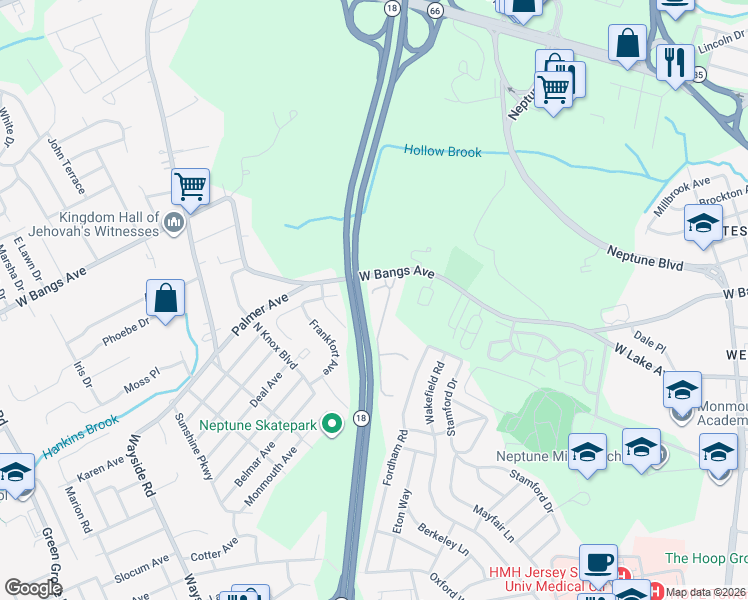 map of restaurants, bars, coffee shops, grocery stores, and more near 46 Winding Ridge Drive in Neptune City