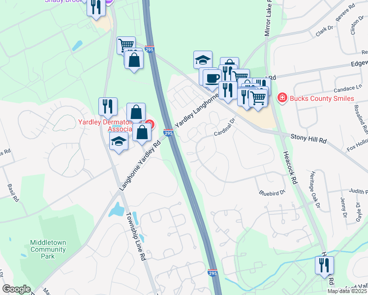 map of restaurants, bars, coffee shops, grocery stores, and more near 1790A Bayley Lane in Yardley