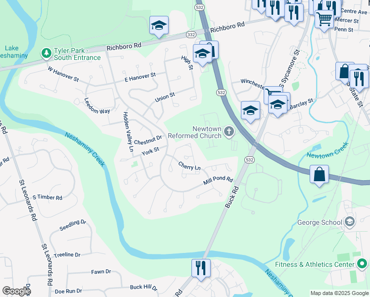 map of restaurants, bars, coffee shops, grocery stores, and more near 96 Fair Oaks Court in Newtown