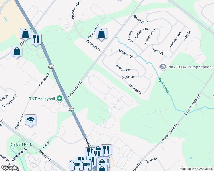 map of restaurants, bars, coffee shops, grocery stores, and more near 605 East Kennedy Road in North Wales