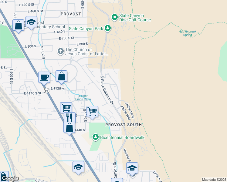 map of restaurants, bars, coffee shops, grocery stores, and more near 1197 Meadow Fork Road in Provo