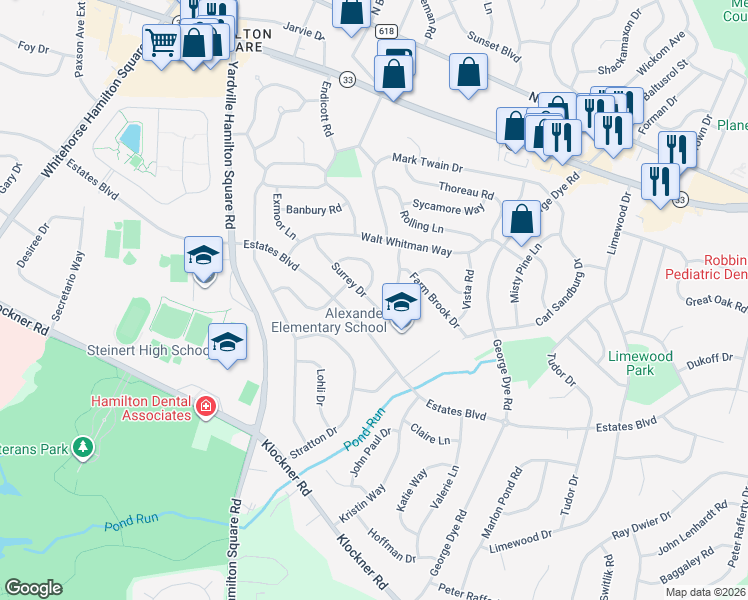 map of restaurants, bars, coffee shops, grocery stores, and more near 1050 Estates Boulevard in Hamilton Township