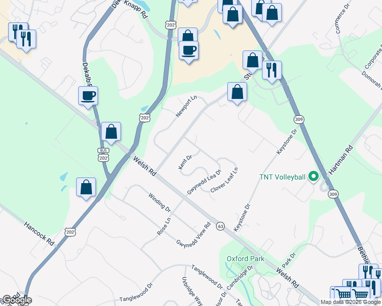 map of restaurants, bars, coffee shops, grocery stores, and more near 117 Kent Drive in North Wales