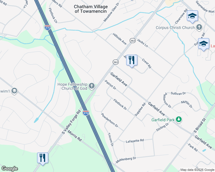 map of restaurants, bars, coffee shops, grocery stores, and more near 952 Flintlock Drive in Lansdale