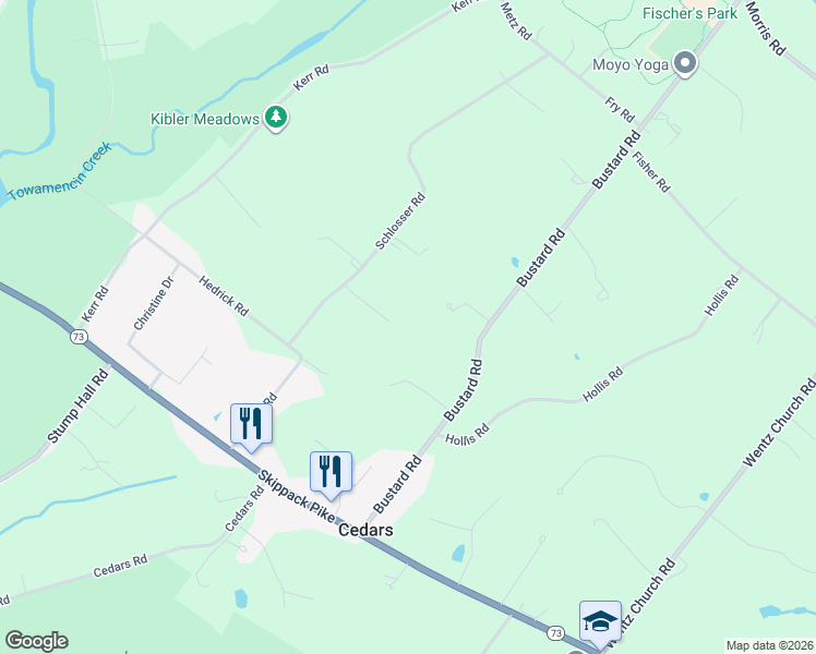 map of restaurants, bars, coffee shops, grocery stores, and more near 1506 Unruh Lane in Harleysville