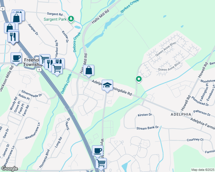 map of restaurants, bars, coffee shops, grocery stores, and more near 954 Adelphia Road in Freehold