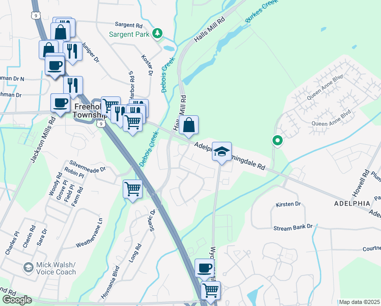 map of restaurants, bars, coffee shops, grocery stores, and more near 61 Winged Foot Court in Howell Township