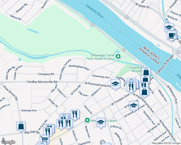 map of restaurants, bars, coffee shops, grocery stores, and more near 1001 Buckingham Way in Yardley
