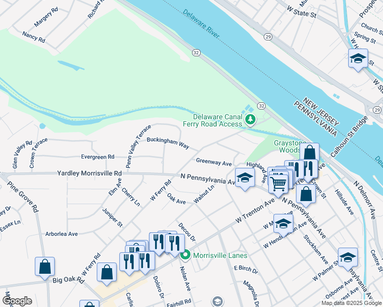map of restaurants, bars, coffee shops, grocery stores, and more near 1001 Buckingham Way in Yardley
