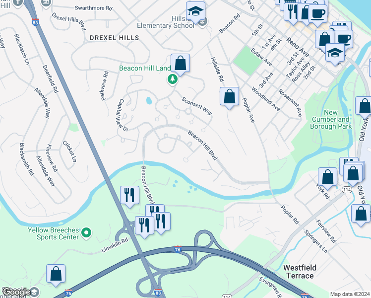 map of restaurants, bars, coffee shops, grocery stores, and more near 1439 Maplewood Drive in New Cumberland