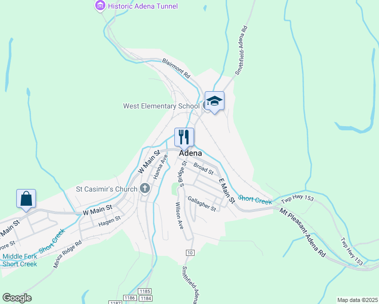 map of restaurants, bars, coffee shops, grocery stores, and more near 10 Smithfield-Adena Road in Adena