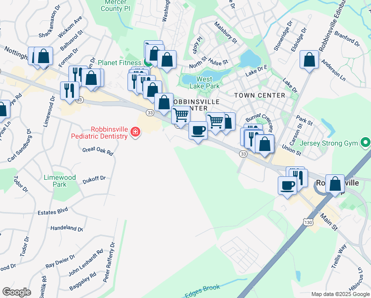 map of restaurants, bars, coffee shops, grocery stores, and more near 1009 Lake Drive in Trenton