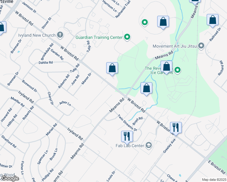 map of restaurants, bars, coffee shops, grocery stores, and more near 1310 Sturbridge Drive in Warminster