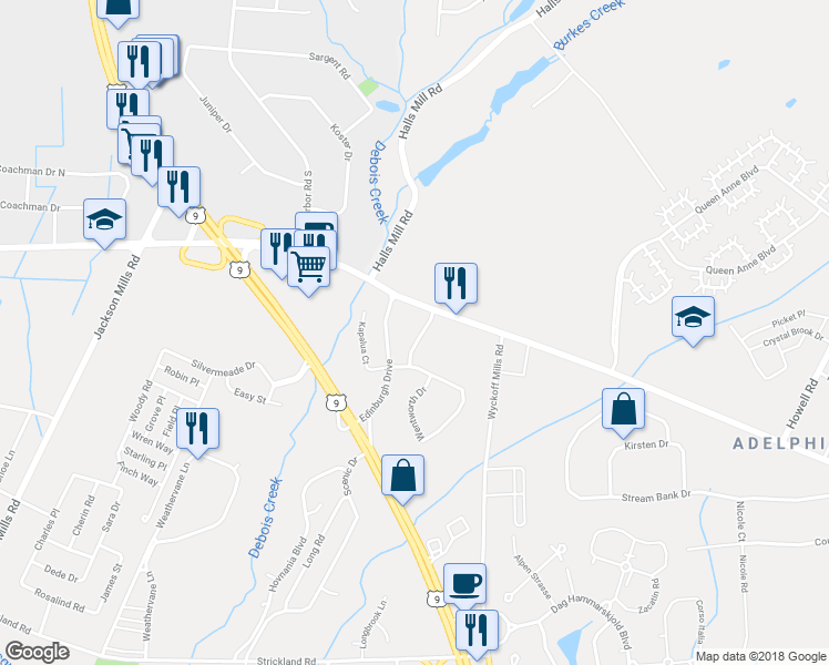 map of restaurants, bars, coffee shops, grocery stores, and more near 2401 Metedeconk in Freehold