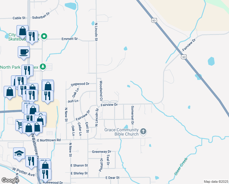map of restaurants, bars, coffee shops, grocery stores, and more near 3010 Woodwind Court in Kirksville