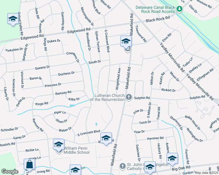 map of restaurants, bars, coffee shops, grocery stores, and more near 1708 South Crescent Boulevard in Yardley