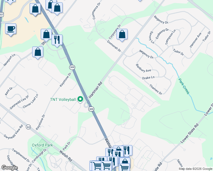 map of restaurants, bars, coffee shops, grocery stores, and more near 180 Hartman Road in North Wales