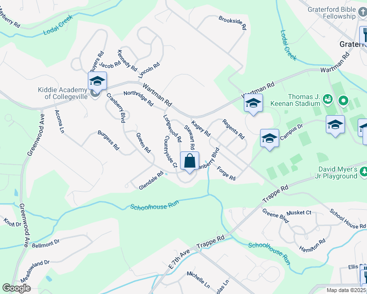map of restaurants, bars, coffee shops, grocery stores, and more near 632 Longwood Road in Collegeville