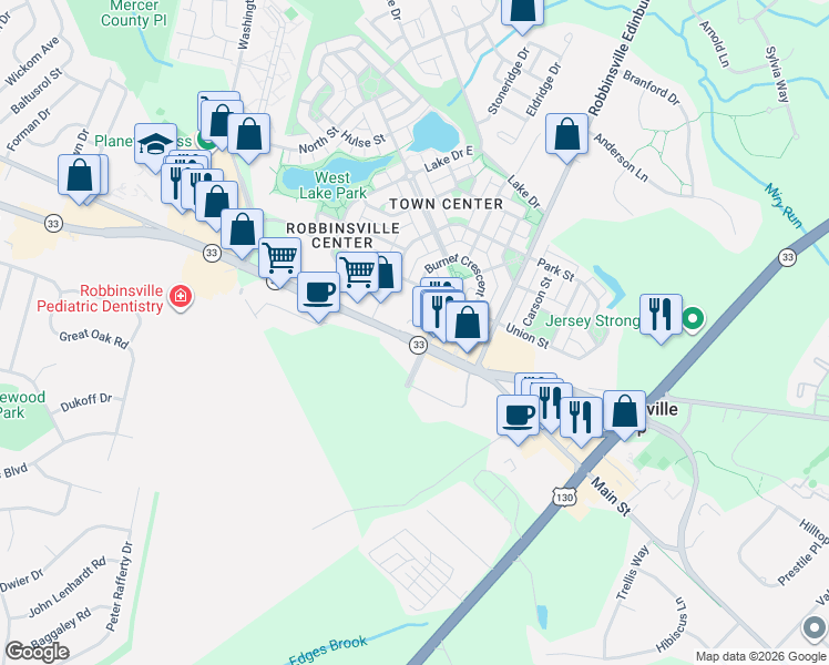 map of restaurants, bars, coffee shops, grocery stores, and more near 68 Union Street in Robbinsville Township