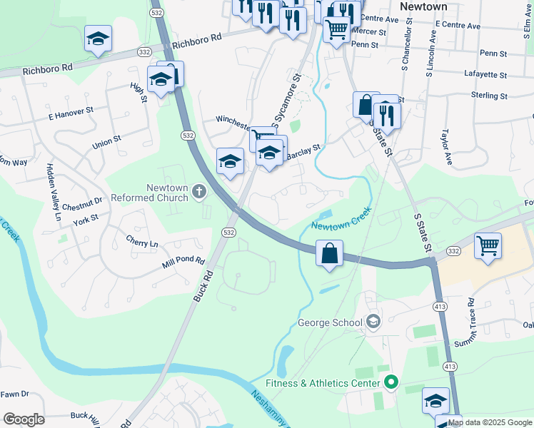 map of restaurants, bars, coffee shops, grocery stores, and more near 44 Heather Court in Newtown