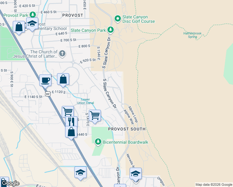map of restaurants, bars, coffee shops, grocery stores, and more near 3 East 1080 South in Provo