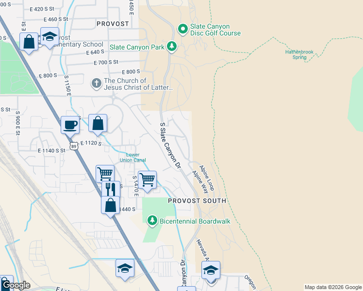 map of restaurants, bars, coffee shops, grocery stores, and more near 1145 Meadow Fork Road in Provo