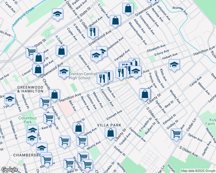 map of restaurants, bars, coffee shops, grocery stores, and more near 431 Cuyler Avenue in Trenton