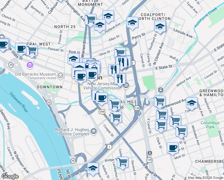 map of restaurants, bars, coffee shops, grocery stores, and more near 20 South Montgomery Street in Trenton