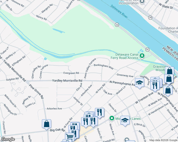 map of restaurants, bars, coffee shops, grocery stores, and more near 199 Penn Valley Terrace in Morrisville