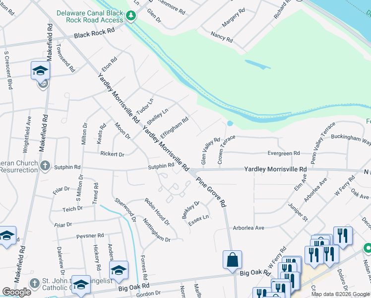 map of restaurants, bars, coffee shops, grocery stores, and more near 10 Effingham Road in Yardley