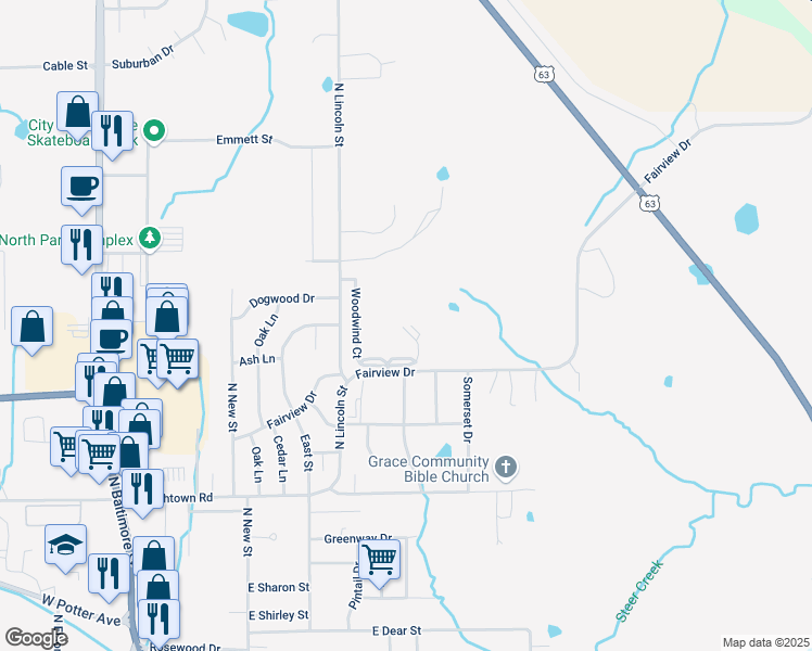 map of restaurants, bars, coffee shops, grocery stores, and more near 3010 Woodwind Court in Kirksville